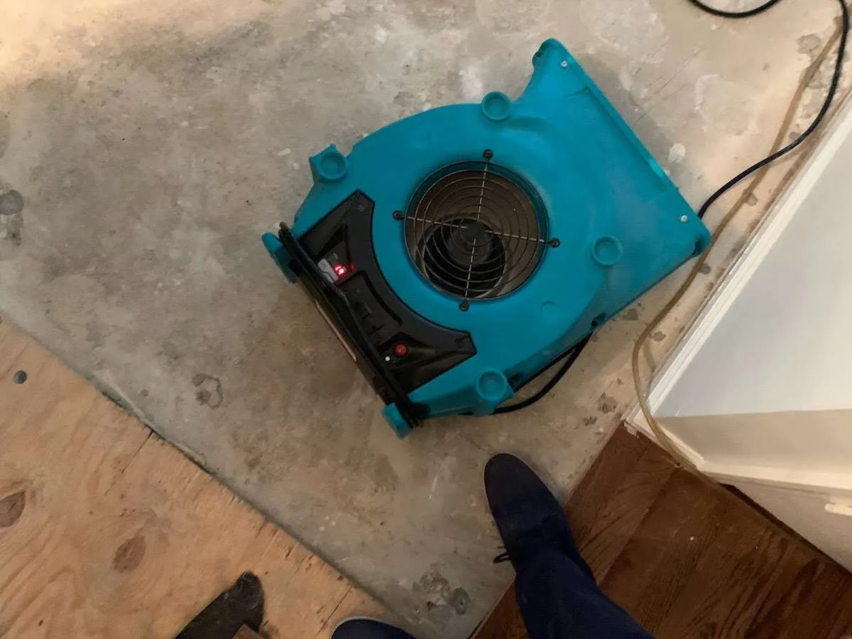 Air mover drying subfloor during Leak Detection & Repair in Fort Madison